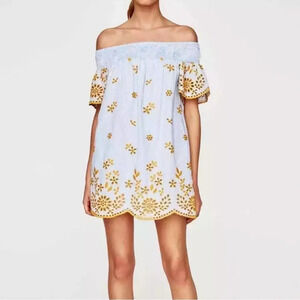 Zara Mini Dress Eyelet Stripe Off-Shoulder Floral Blue Women’s Small